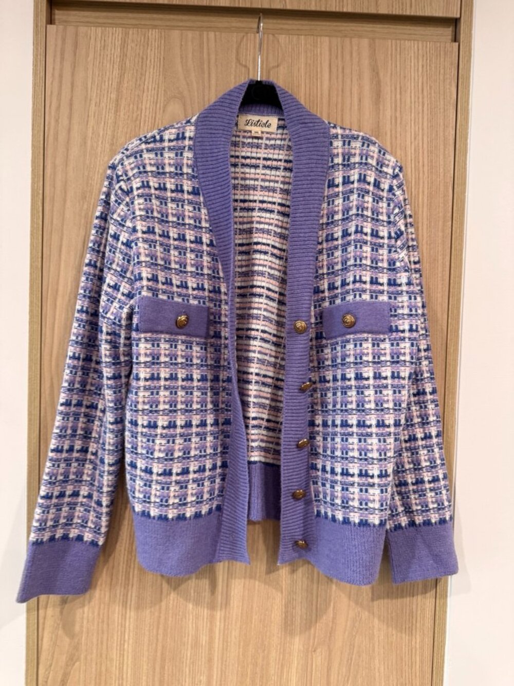 Listicle Lavender Tweed Knit Cardigan Gold Button Chanel Inspired Size M